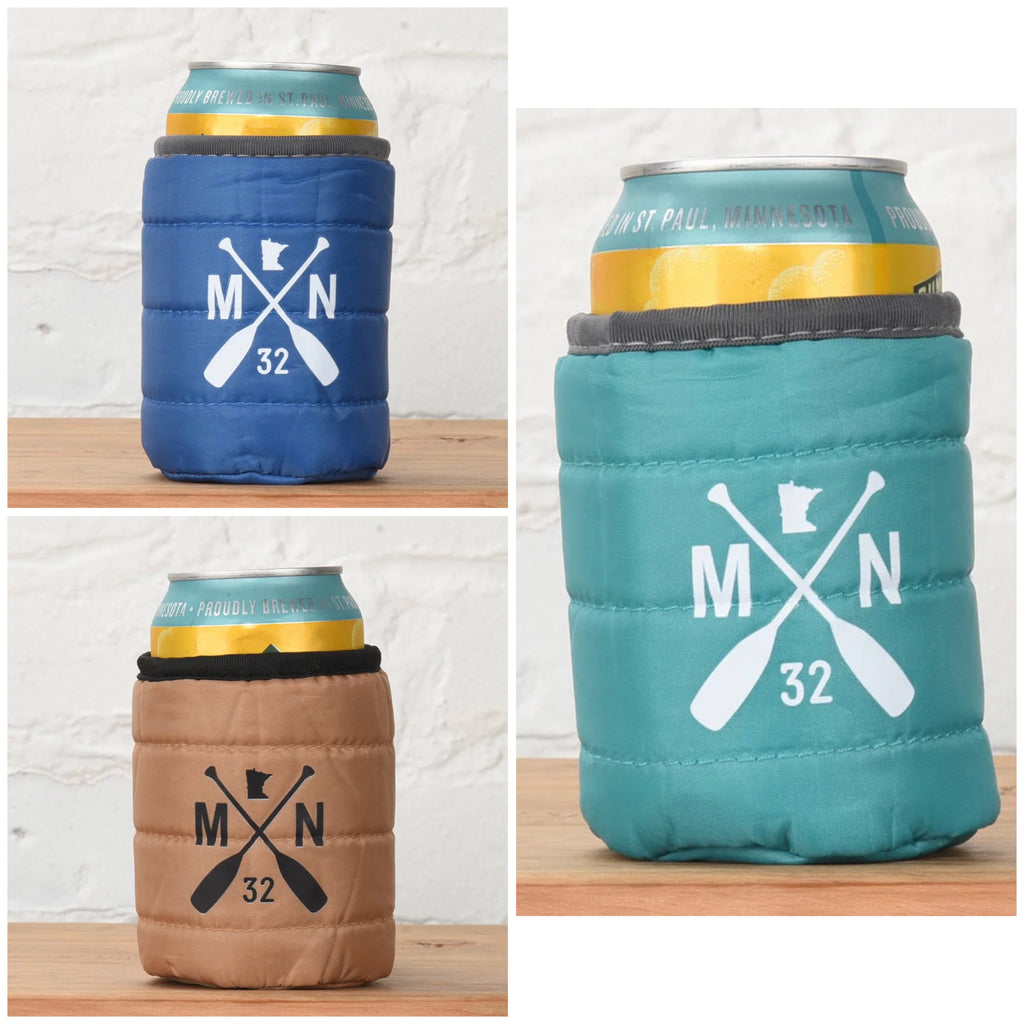 collage picture of three sleeping bag coozies in blue, teal and brown