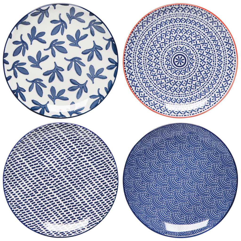 blue patterned appetizer plate set