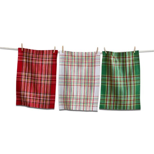 Festive Waffle Weave Plaid Dish Towel Set  TAG   