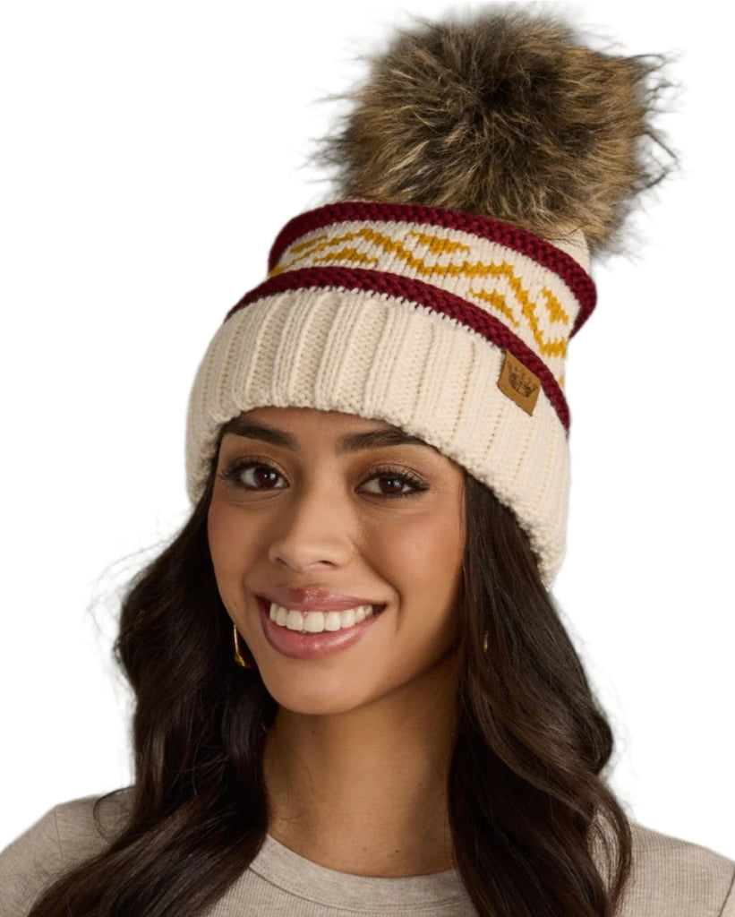 Cream, Burgundy & Gold Patterned Pom Hat