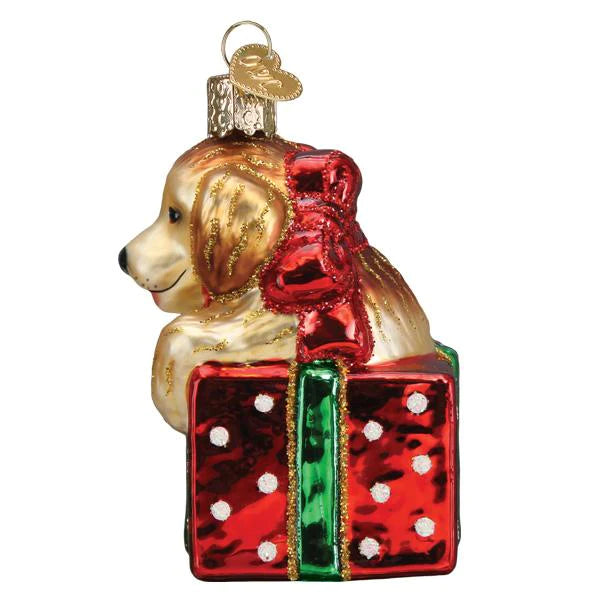 Golden Puppy Surprise Glass Ornament  Old World Christmas   