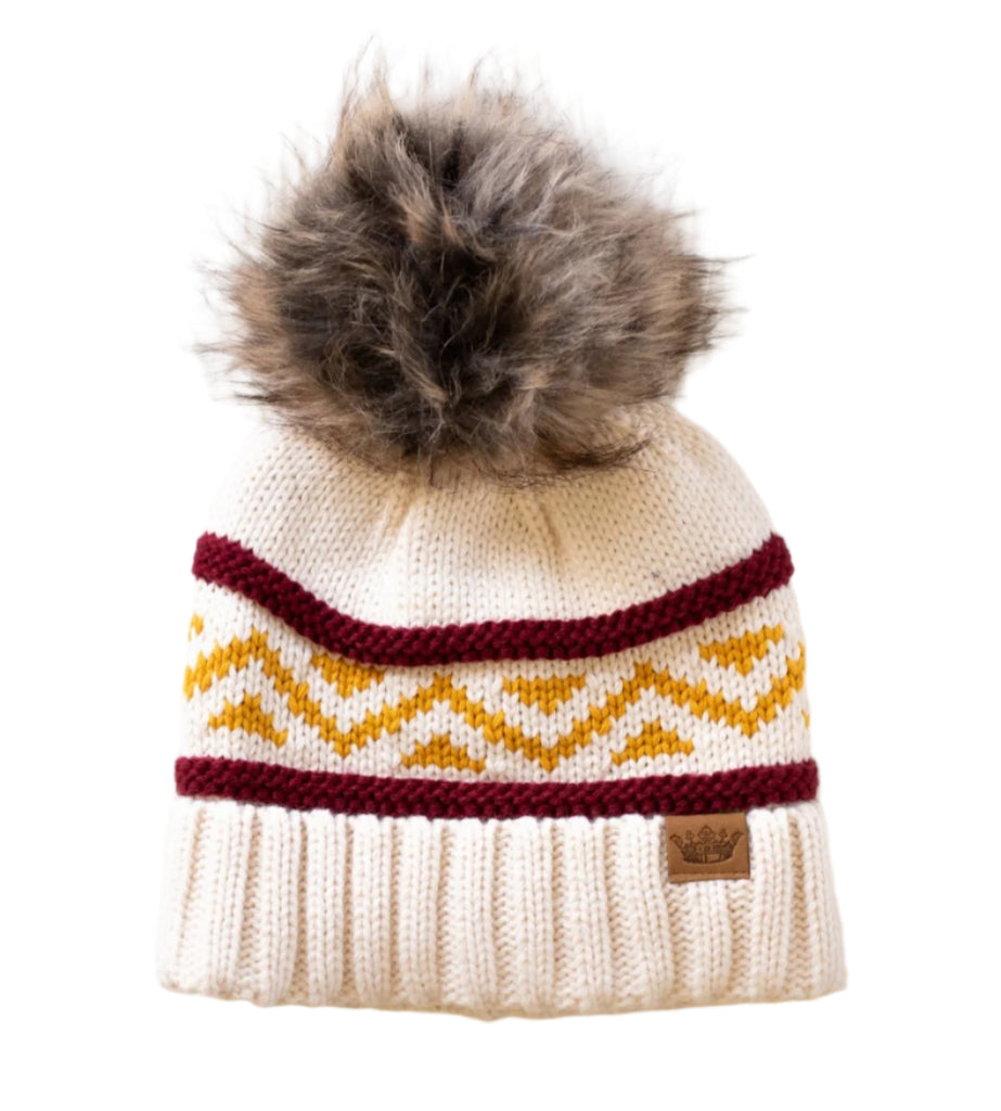 Cream, Burgundy & Gold Patterned Pom Hat
