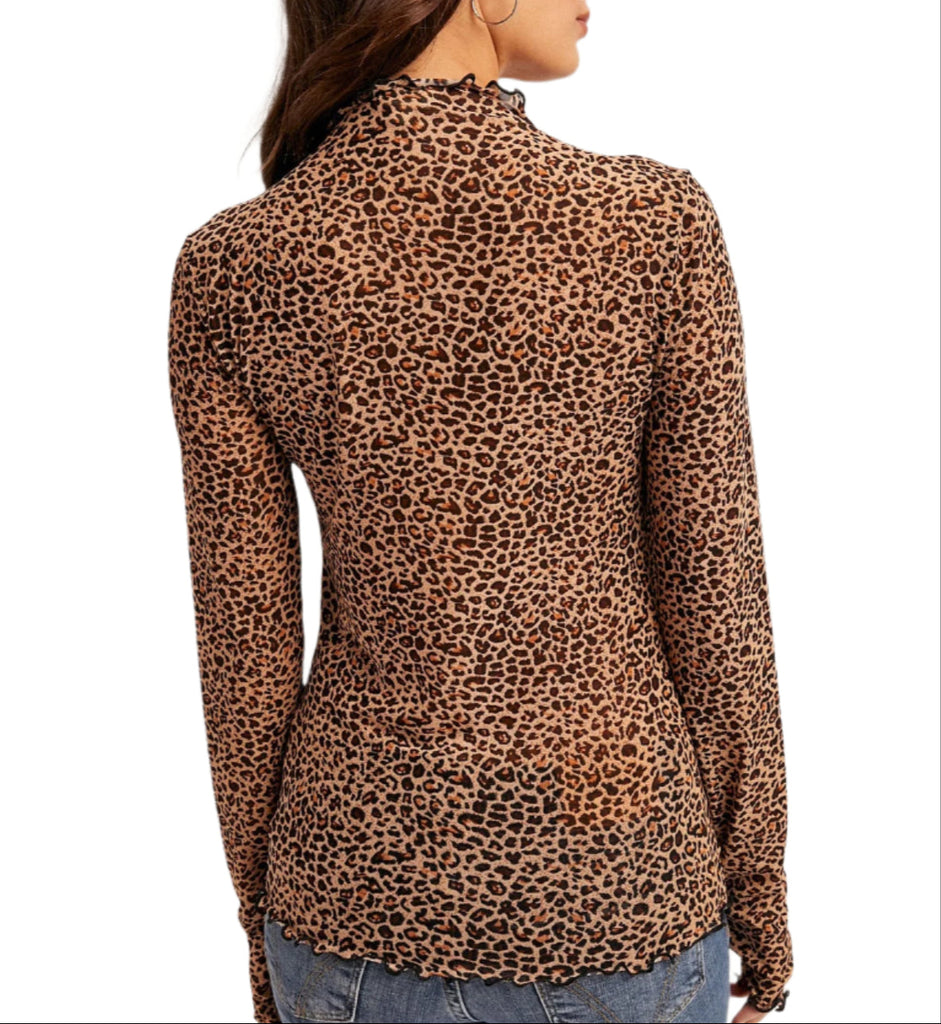 Animal Mesh Print Mock Neck Top