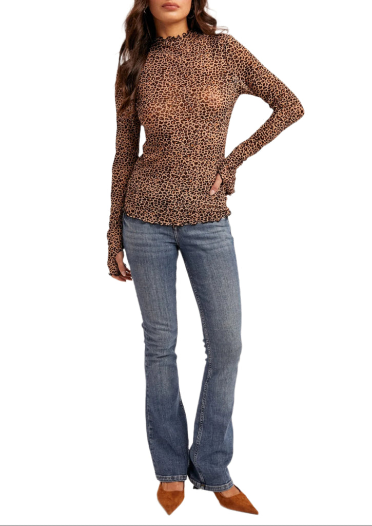 Animal Mesh Print Mock Neck Top