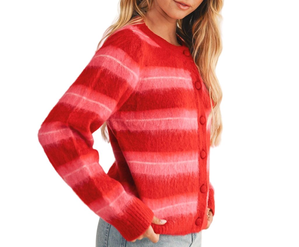 Cherry Red Striped Sweater Cardigan