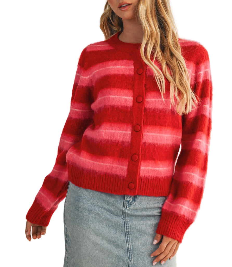 Cherry Red Striped Sweater Cardigan