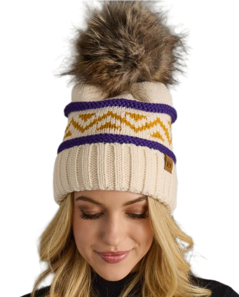 Cream, Purple & Gold Patterned Pom Hat