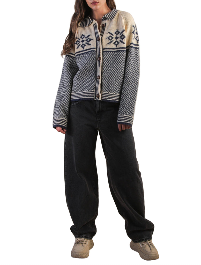 Graphic Collared Knit Cardigan