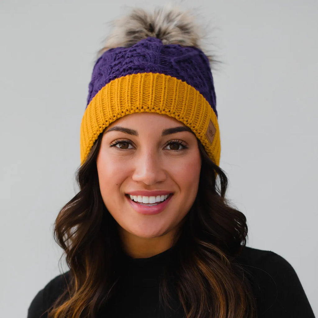 Purple & Gold Cable Knit Pom Hat
