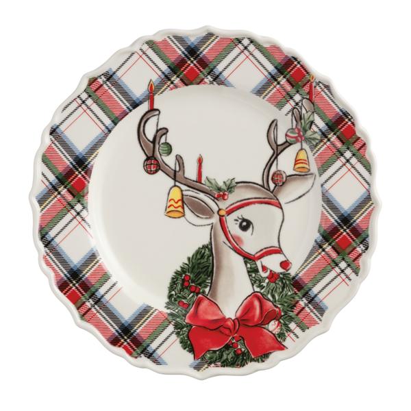Reindeer Christmas Tartan Rim Salad Plates