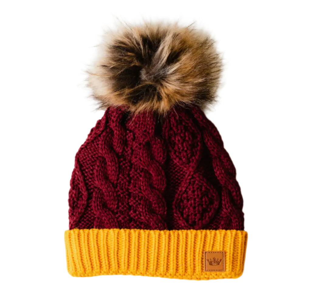 Maroon & Gold Cable Knit Pom Hat