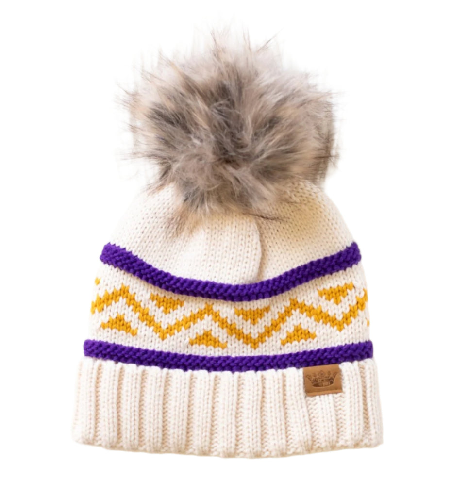 Cream, Purple & Gold Patterned Pom Hat