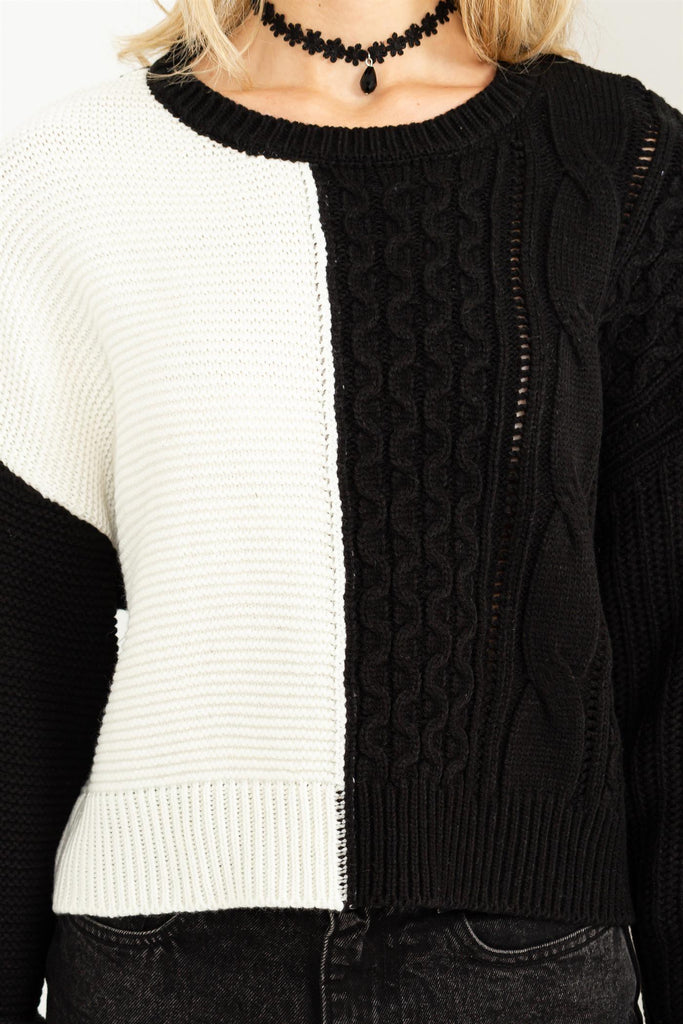 Black & White Colorblock Cable Knit Sweater