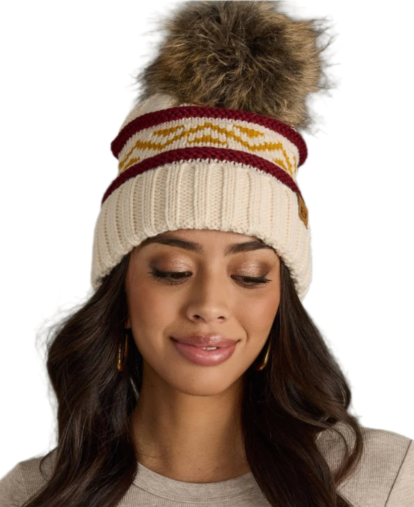 Cream, Burgundy & Gold Patterned Pom Hat