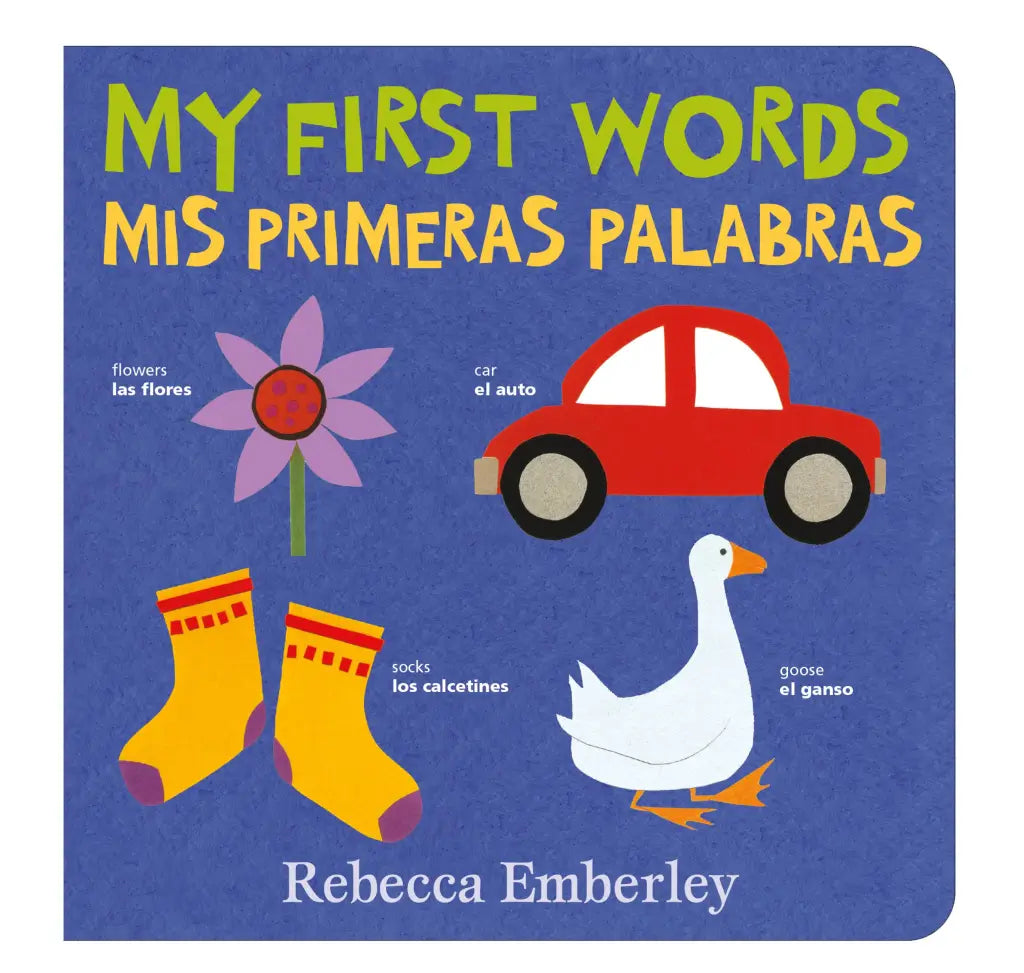 blue my first words english & spanish book cover with flower, car, socks and duck on front