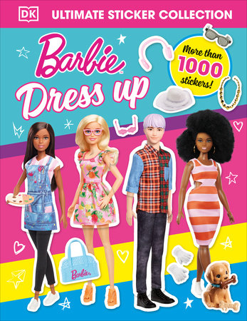 cover of barbie dress up sticker book with 4 barbies on it
