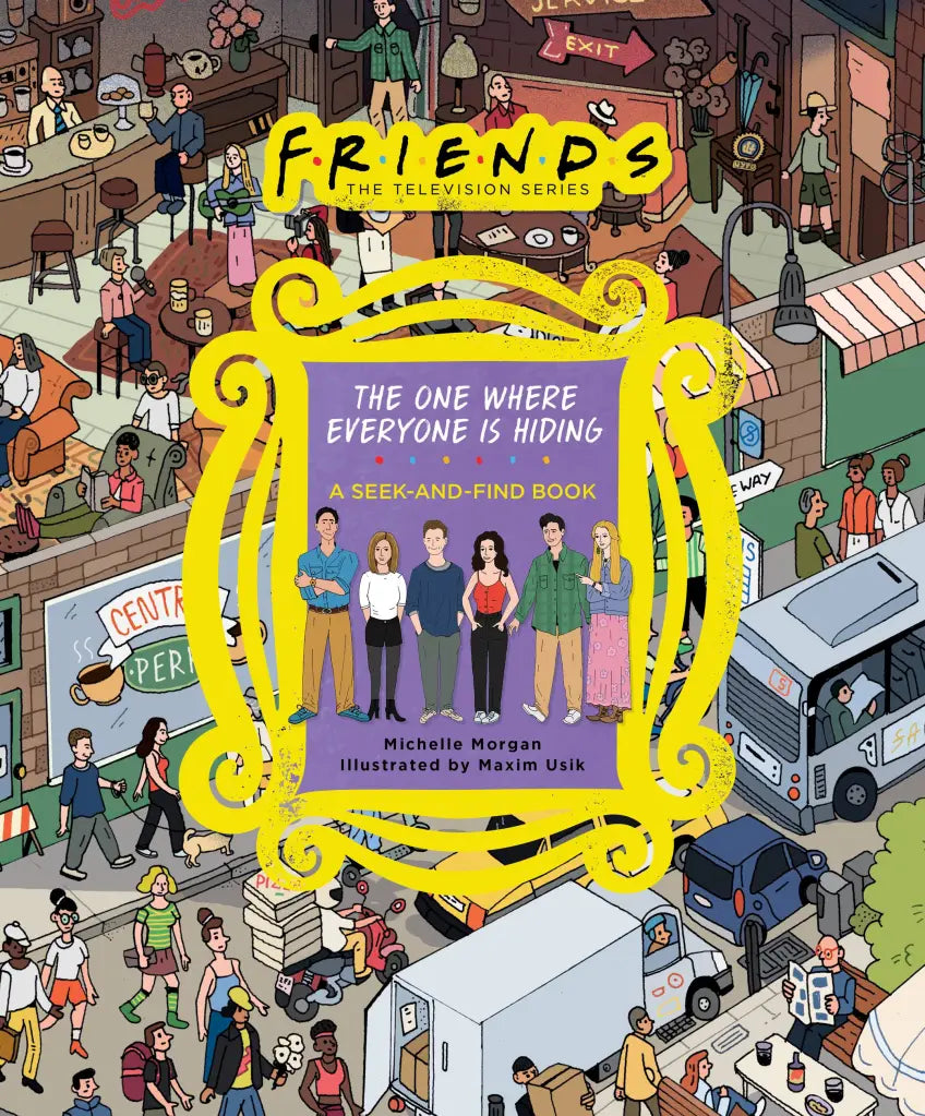 book cover of cartoon background of busy city with yellow picture frame of friends cast in middle