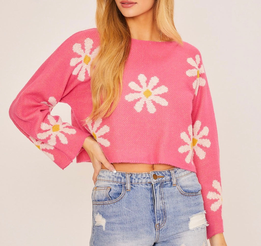 pink sweater with white daisy flowers
