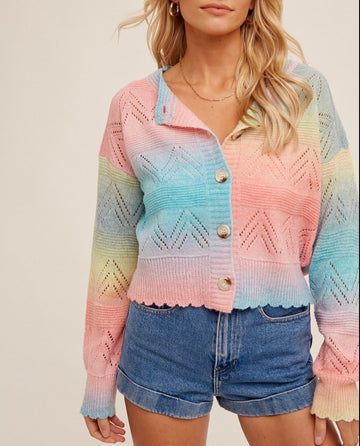 Pink Rainbow Pointelle Button Cardigan