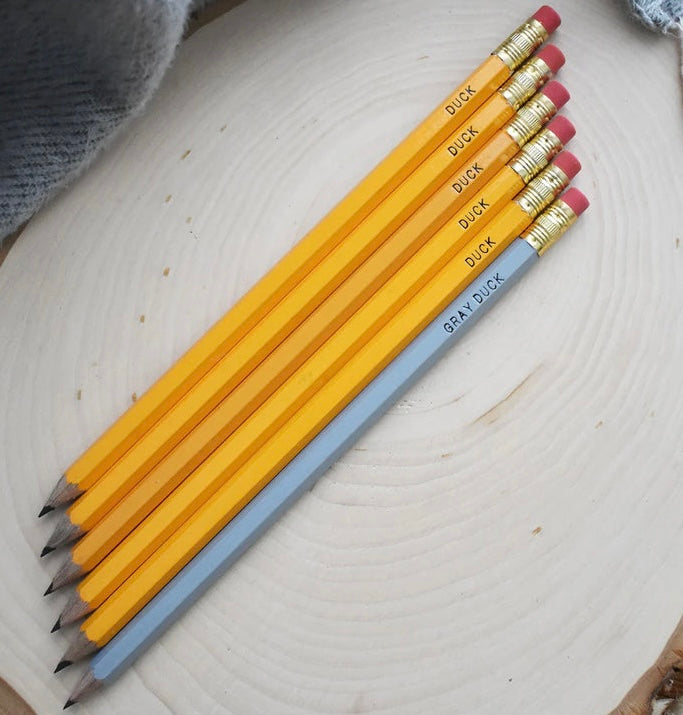 close up picture of the gray duck pencil set