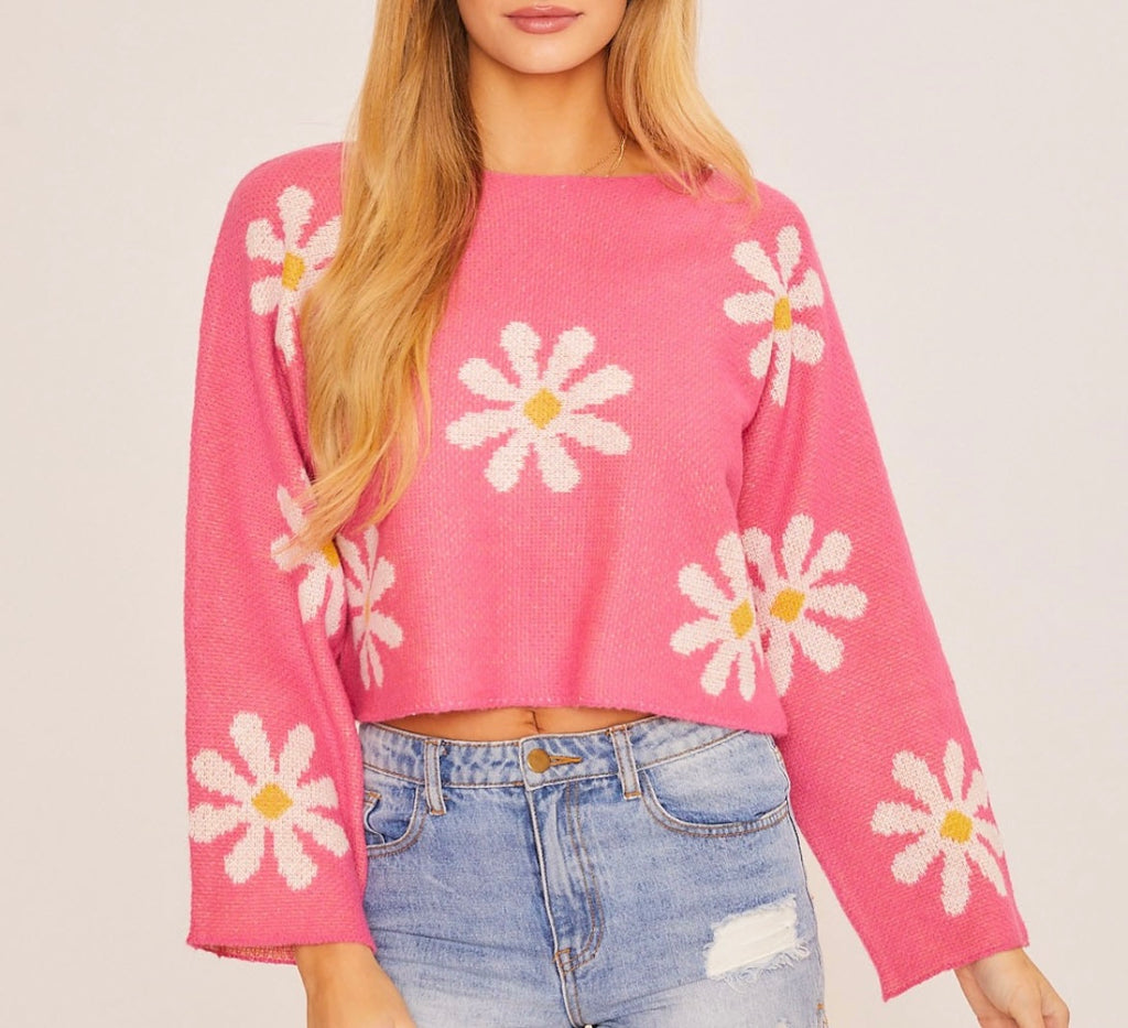 pink sweater with white daisy flowers