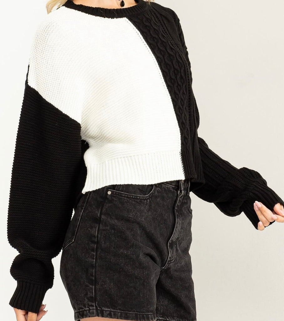 Black & White Colorblock Cable Knit Sweater