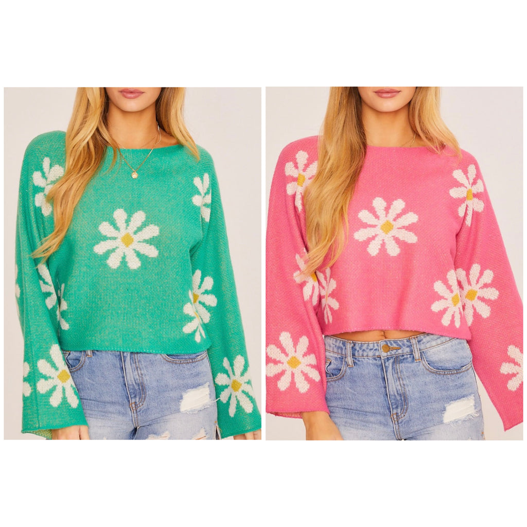 green flower sweater and pink flower sweater
