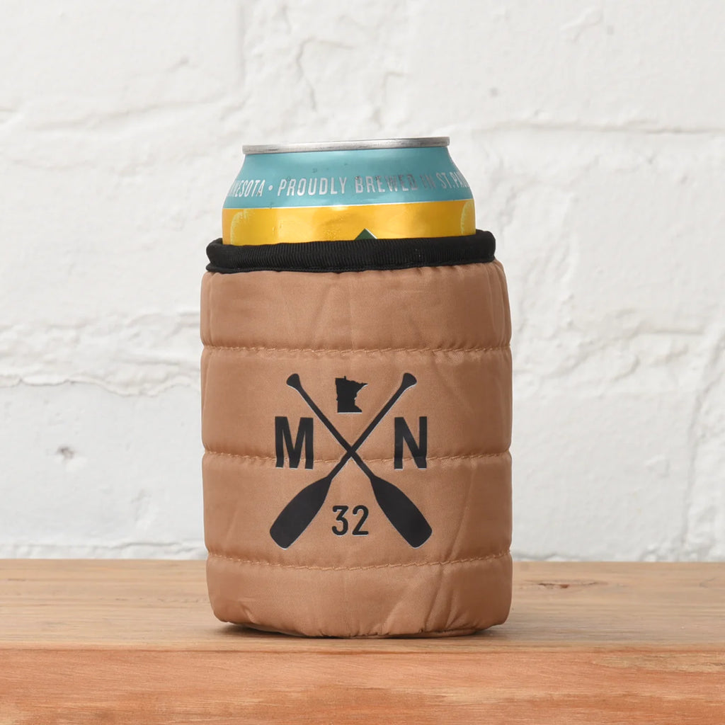 brown can coozie made to look like a sleeping bag.  oars, minnesota shape and letters M, N on it 
