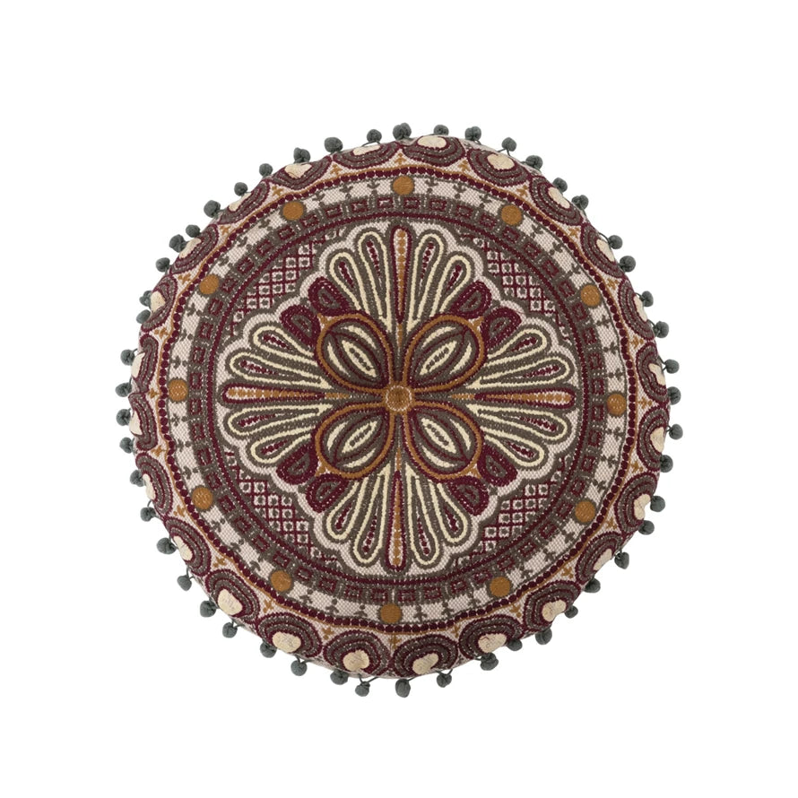 Round Embroidered Pom Trim Pillow