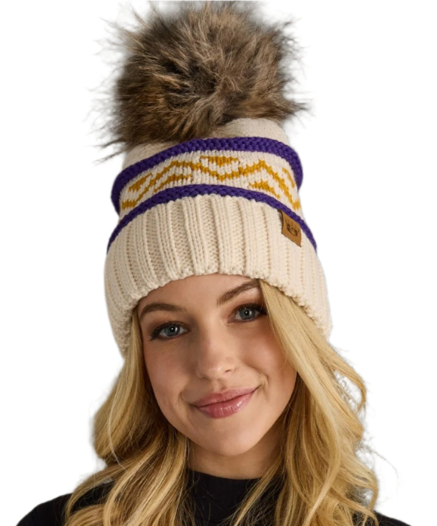 Cream, Purple & Gold Patterned Pom Hat