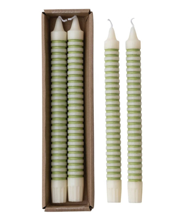 Green Striped Taper Candle Set