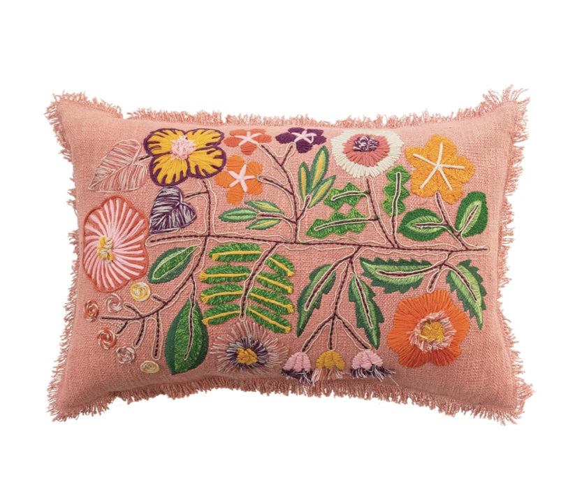 Embroidered Flowers & Eyelash Fringe Lumbar Pillow