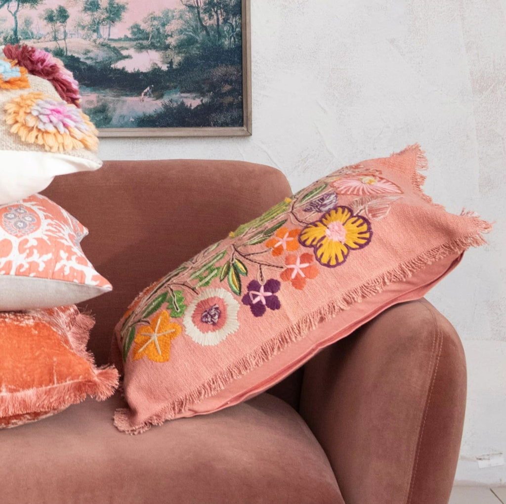 Embroidered Flowers & Eyelash Fringe Lumbar Pillow