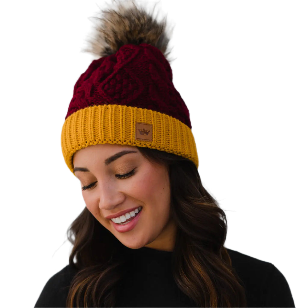 Maroon & Gold Cable Knit Pom Hat