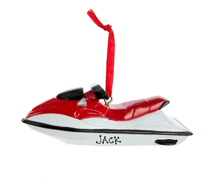 a red and white jet ski ornament with the name jack on it