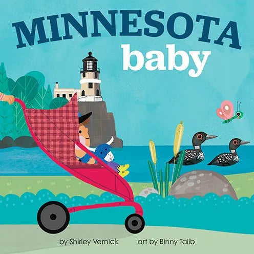 minnesota baby board book with lighthouse, stroller and loons on cover