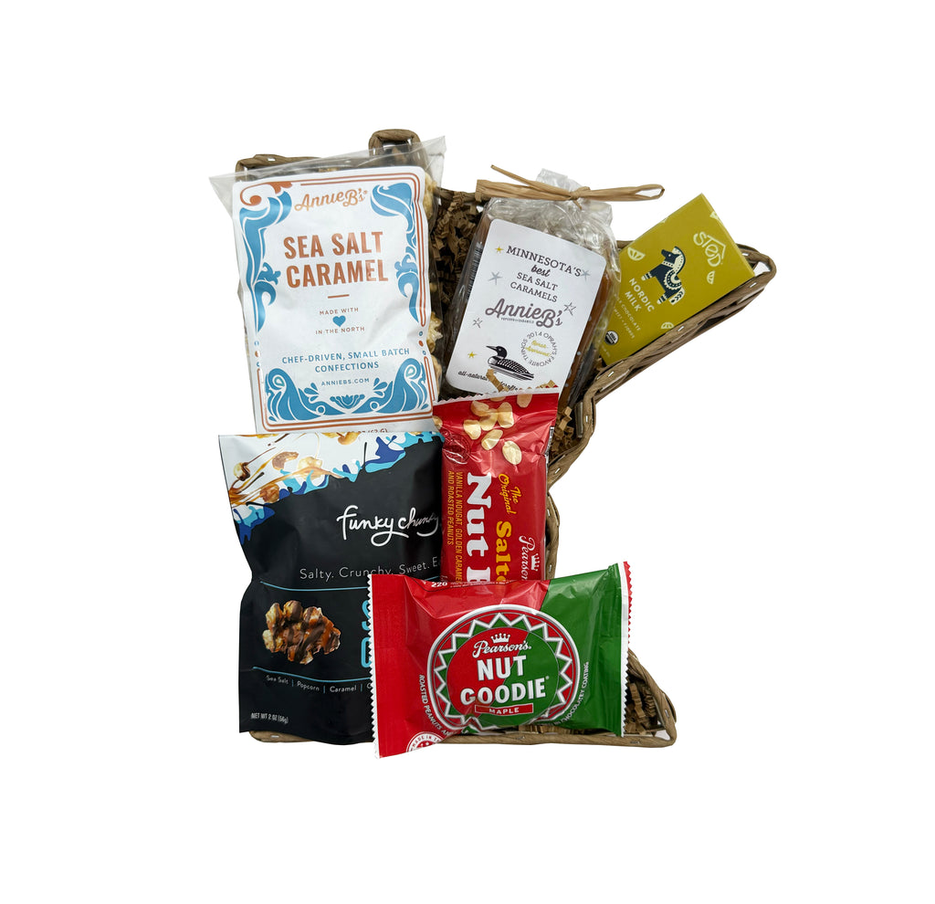 minnesota shaped basket with minnesota made food products
