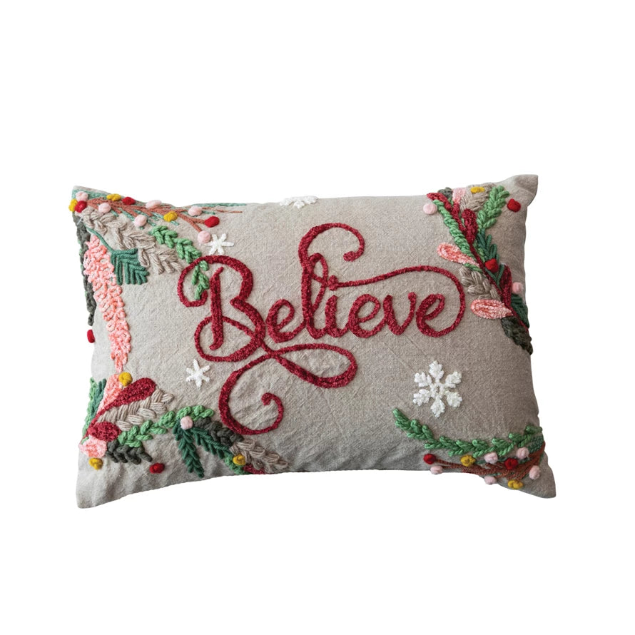 "Believe" Snowflakes & Foliage Lumbar Pillow  Creative Co-Op   