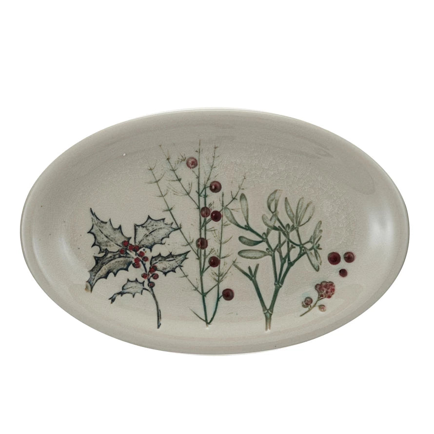 Seasonal Botanicals Stoneware  Creative Co-Op 11"x7" Oval Platter  