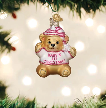 Baby Girl's First Teddy Bear Glass Ornament  Old World Christmas   