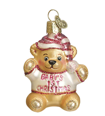 Baby Girl's First Teddy Bear Glass Ornament  Old World Christmas   